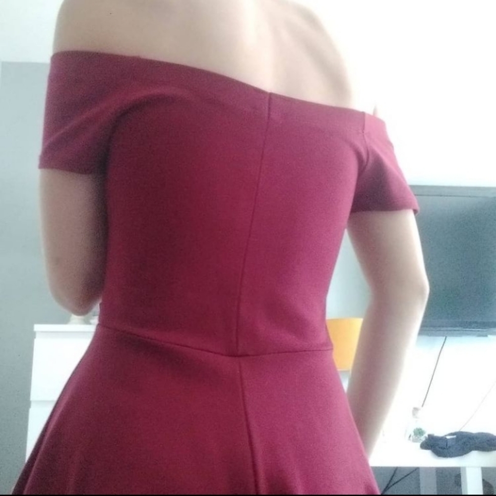 Burgundy Windsor Off the Shoulder Low High Dress - Picture 3 of 5